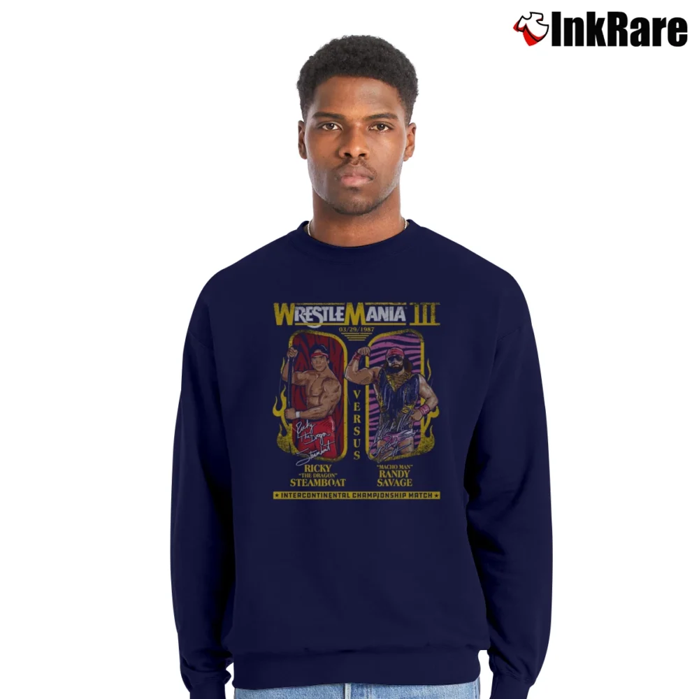 Men’s Ricky Steamboat Vs Macho Man Crewneck Sweatshirt in navy | Cozy Fabric, Clean Style