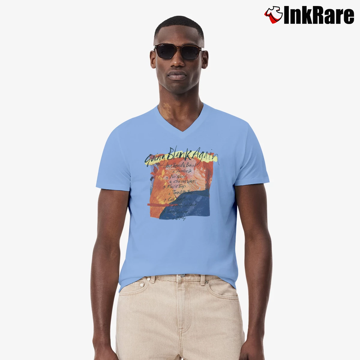 Men’s Ride Going Blank Again 1992 Shoegaze Art V-Neck Tee in light blue | Sharp, Breathable, Everyday Staple