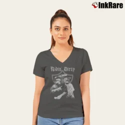 Women’s Riding Dirty Retro Style V-Neck Tee in charcoal | Chic Neckline, Soft Texture