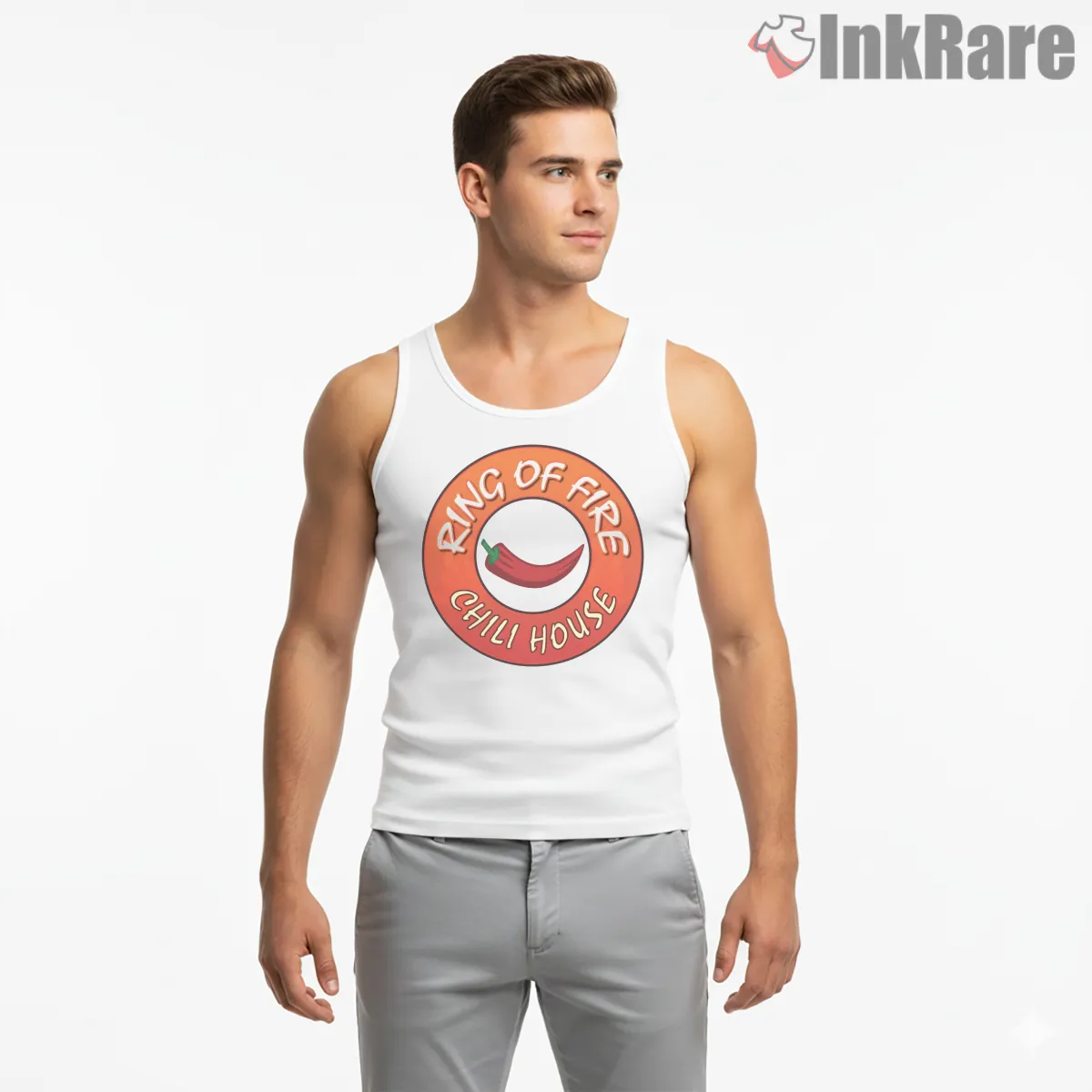 Ring Of Fire Chili House Retro Logo Gta Restaurant Tank Top White Ring Of Fire Chili House Retro Logo Gta Restaurant Shirt on white tank top for men graphic tee