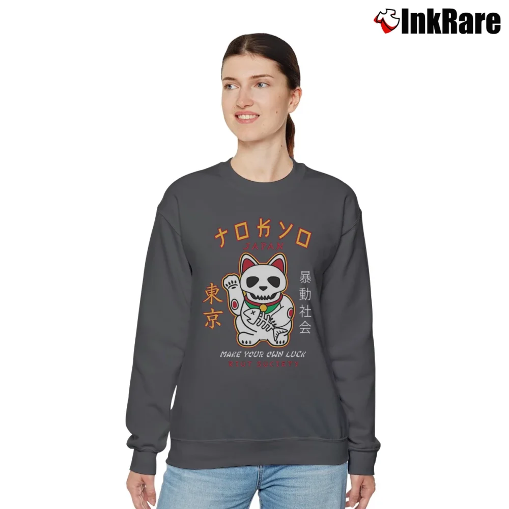 Women’s Riot Society Japan Lucky Cat Skull Relaxed Sweatshirt in charcoal | Soft, Laid-Back Vibe