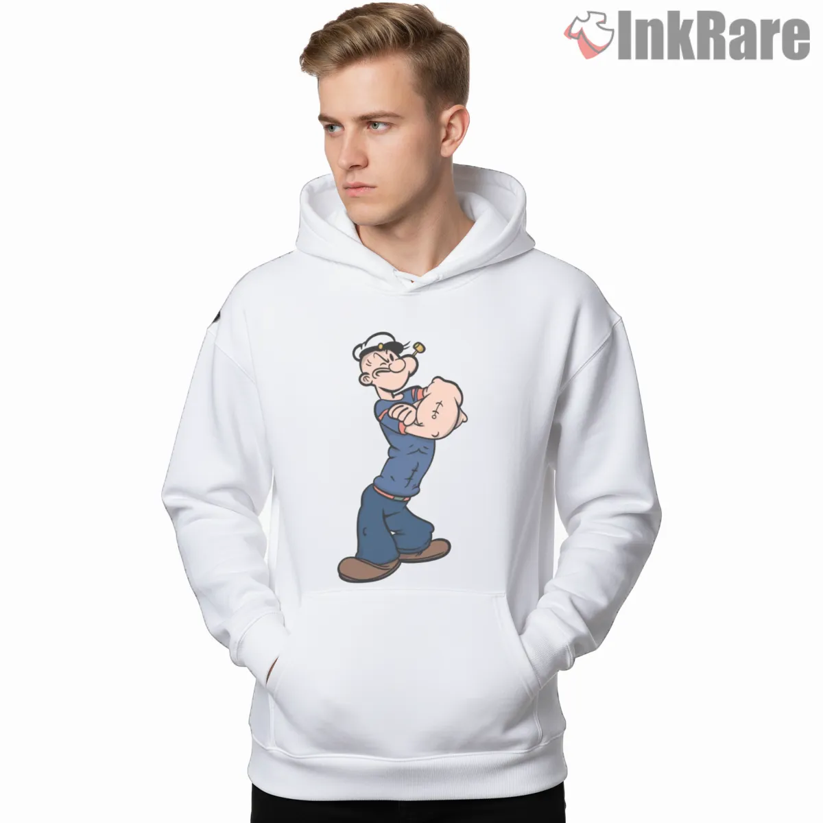 Ripped Popeye Tough Sailor Cartoon Shirt on white hoodie for men graphic tee