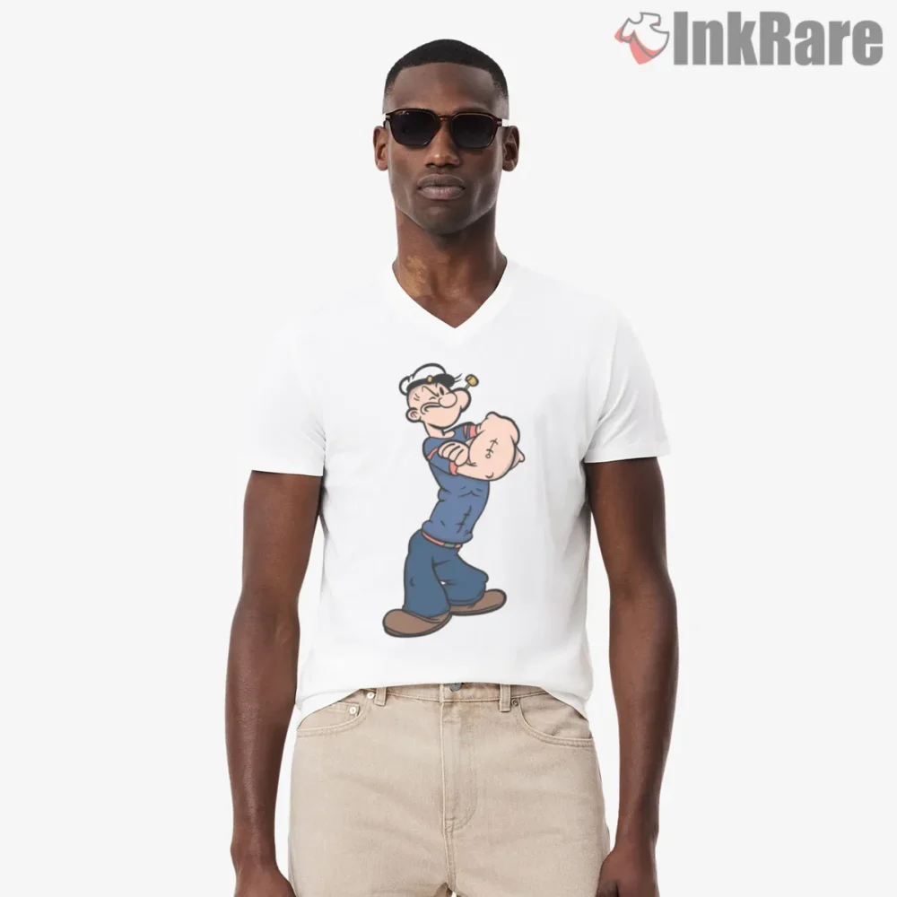 Ripped Popeye Tough Sailor Cartoon Shirt on white v-neck shirt for men graphic tee
