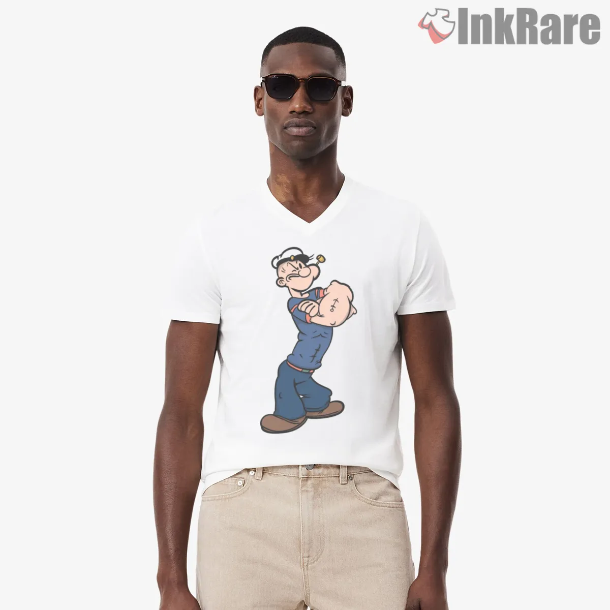 Ripped Popeye Tough Sailor Cartoon V Neck White Ripped Popeye Tough Sailor Cartoon Shirt on white v-neck shirt for men graphic tee
