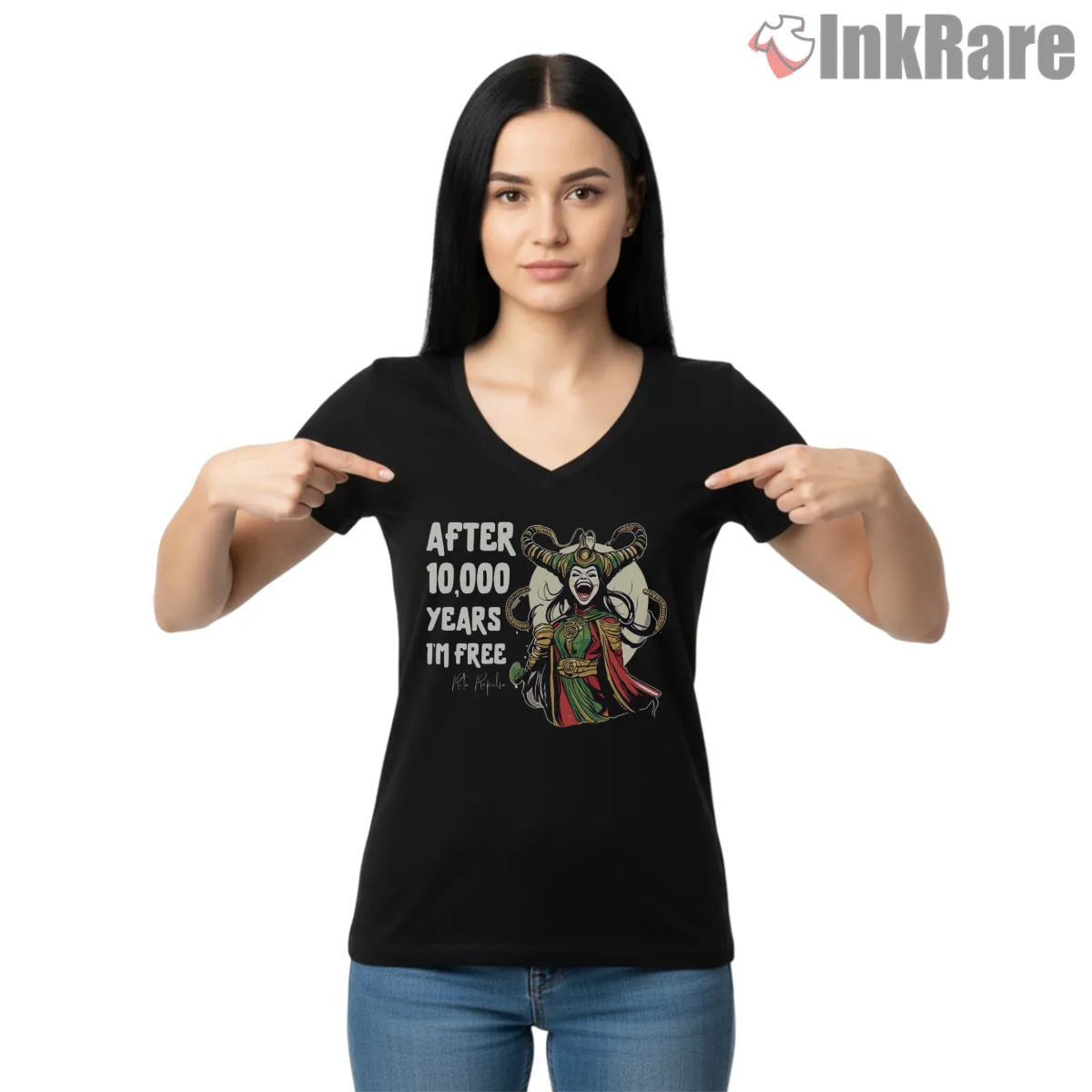 Rita Repulsa After Ten Thousand Years Iconic Villain Shirt on black v-neck shirt for women graphic tee