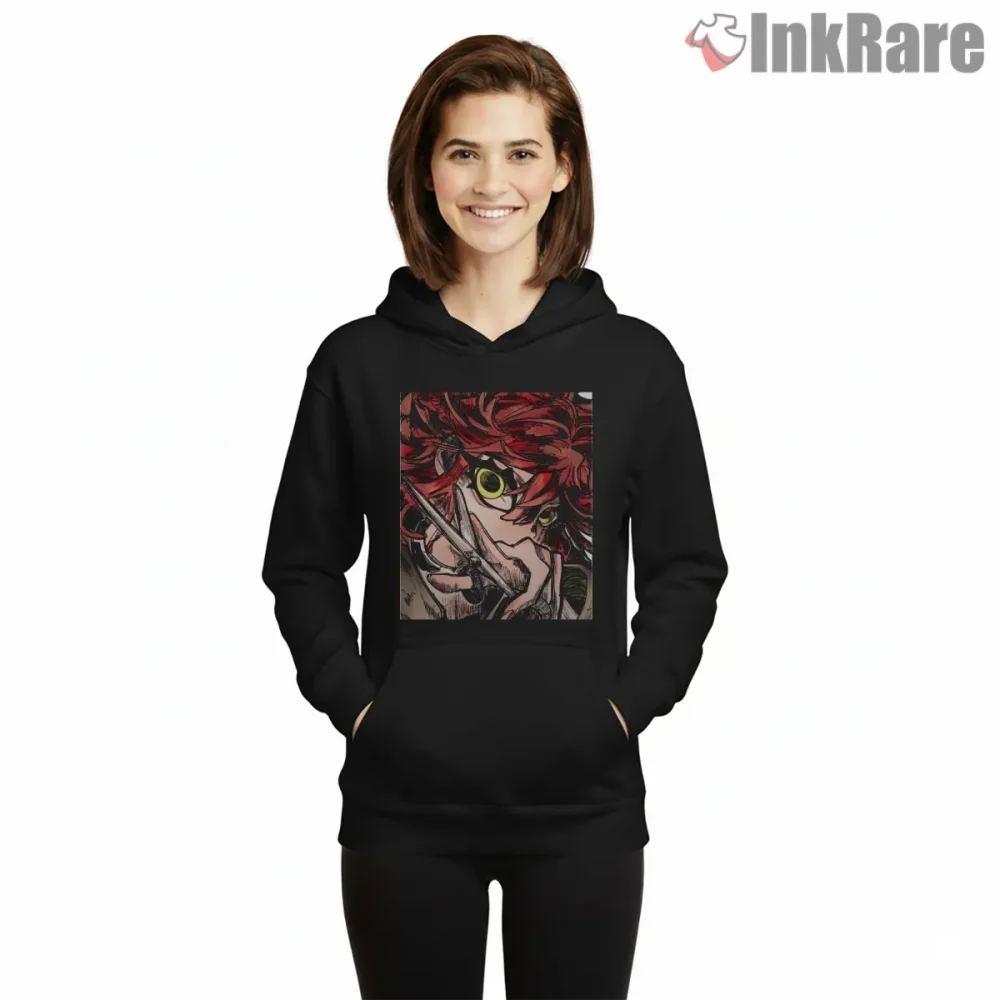 Riyo Close Up Intense Gaze Anime Street Shirt on black hoodie for women graphic tee