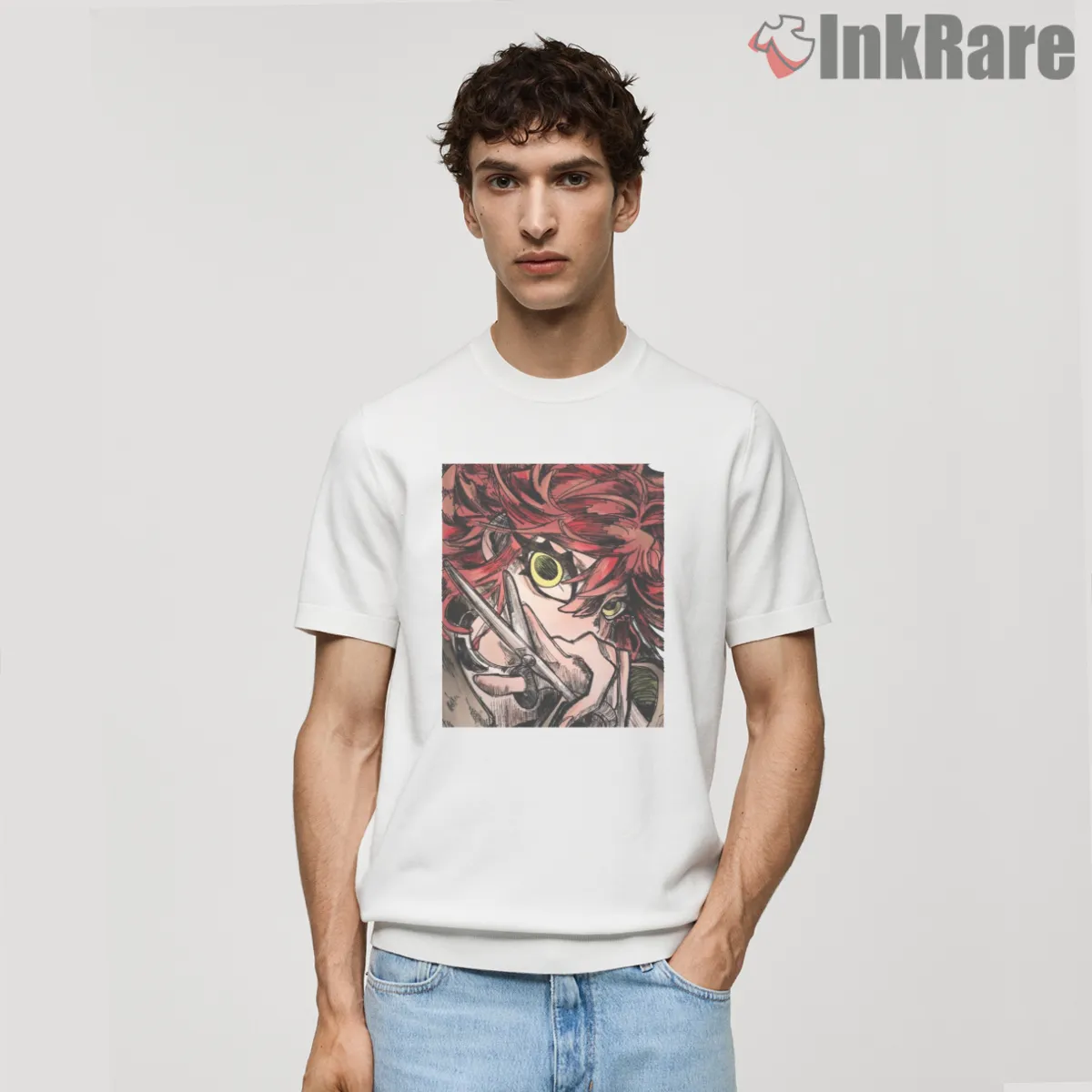 Riyo Close Up Intense Gaze Red Manga Anime Shirt on white short sleeve shirt for men graphic tee