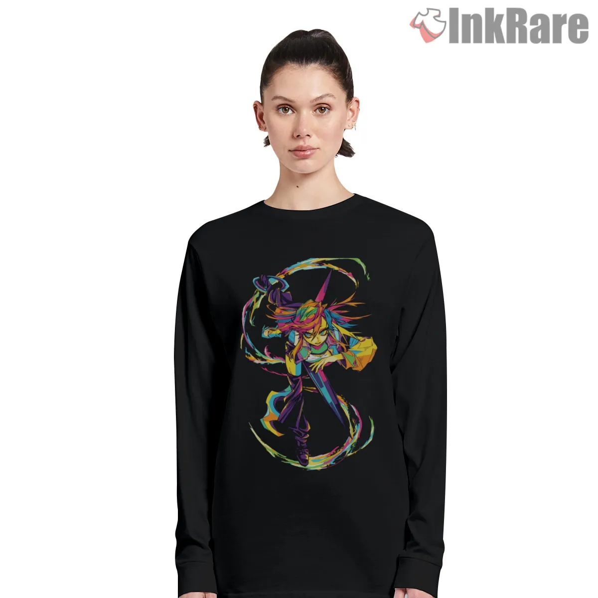 Riyo Neon Abstract Motion Street Anime Shirt on black long sleeve shirt for women graphic tee