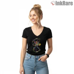 Riyo Neon Abstract Motion Street Anime Shirt on black v-neck shirt for women graphic tee