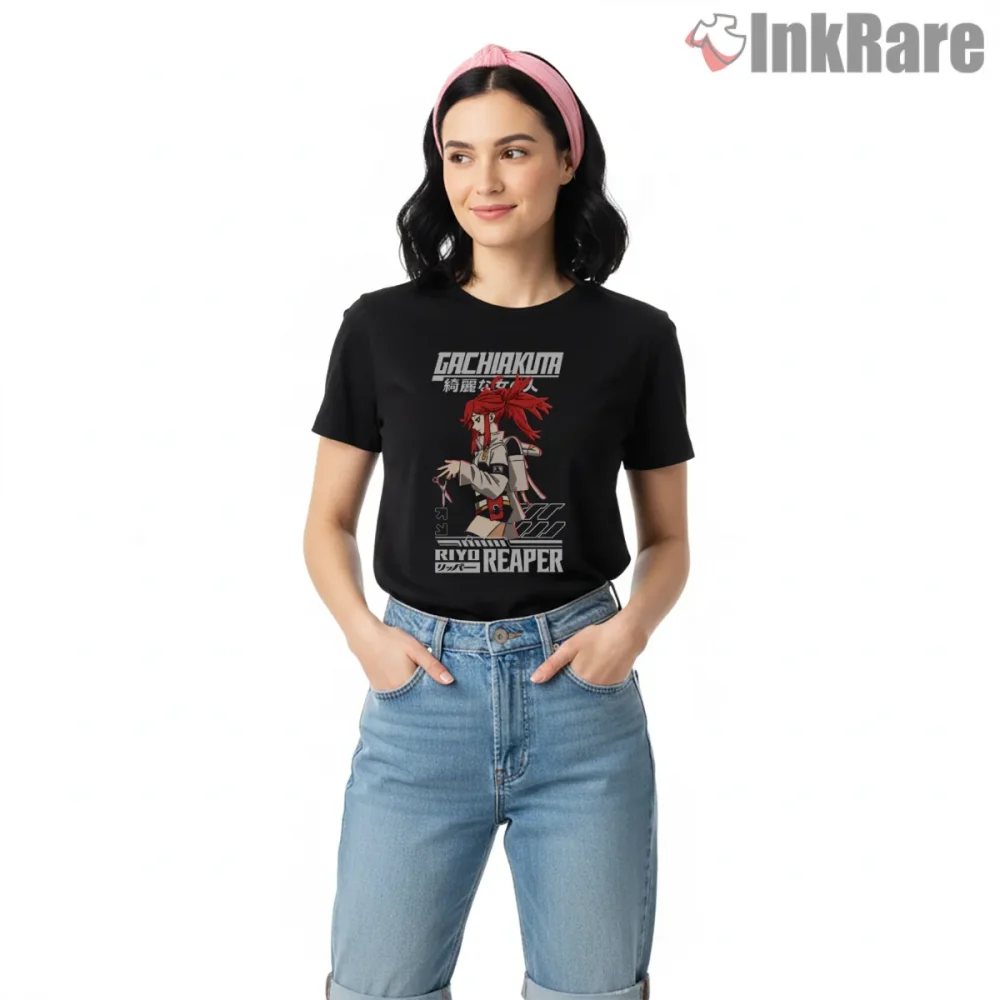 Riyo Reaper Side Profile Clean Anime Graphic Shirt on black short sleeve shirt for women graphic tee