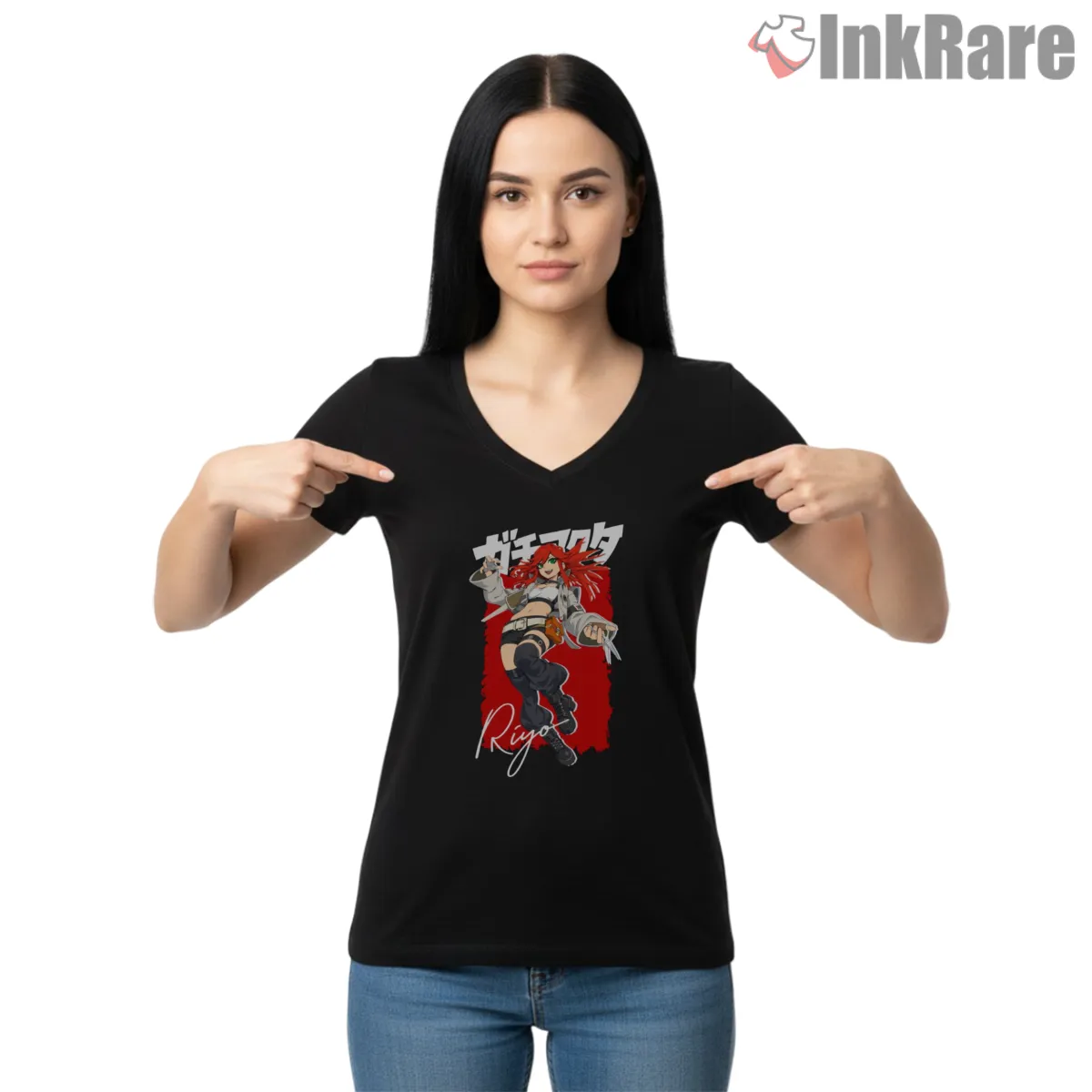 Riyo Ripper Red Street Pose Gachiakuta Shirt on black v-neck shirt for women graphic tee