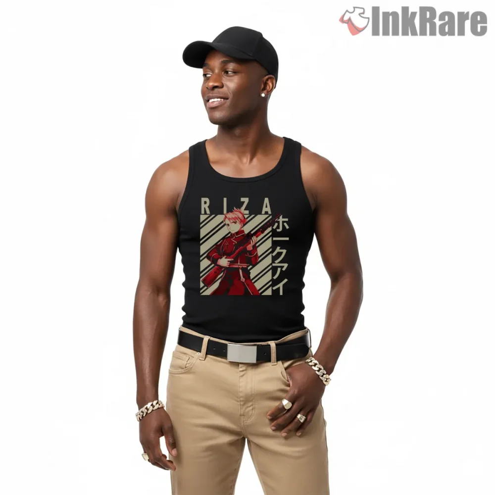 Riza Hawkeye Graphic Panel Red Uniform Anime Shirt on black tank top for men graphic tee