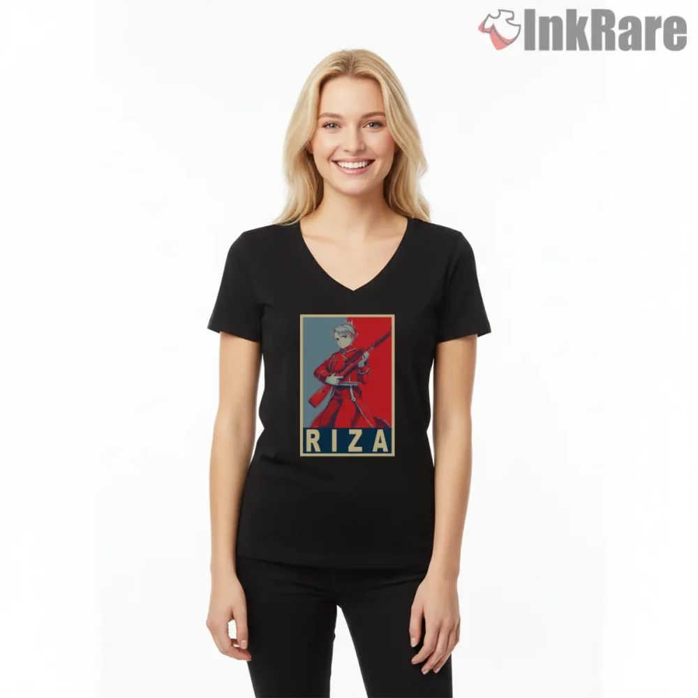 Riza Hawkeye Minimal Poster Red Blue Anime Shirt on black v-neck shirt for women graphic tee