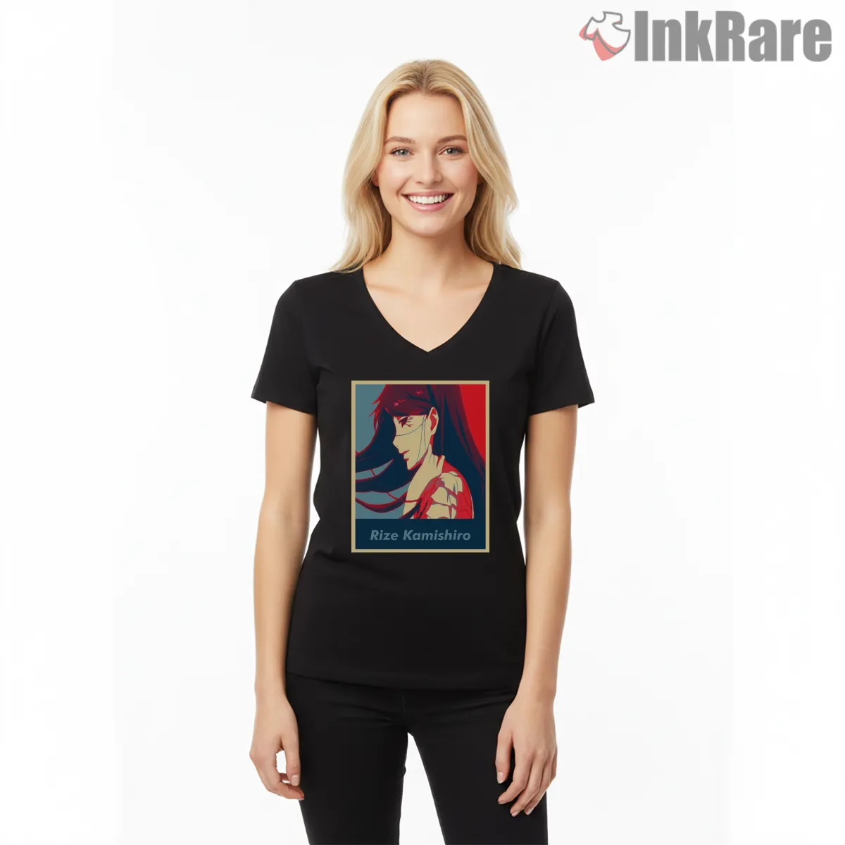 Rize Kamishiro Retro Red Anime Portrait Shirt on black v-neck shirt for women graphic tee