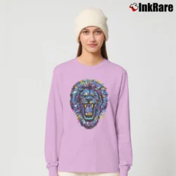 Women’s Roaring Lion Big Cat Wildlife Paint Splatter Long-Sleeve Top in light pink | Sleek, Versatile, All-Season