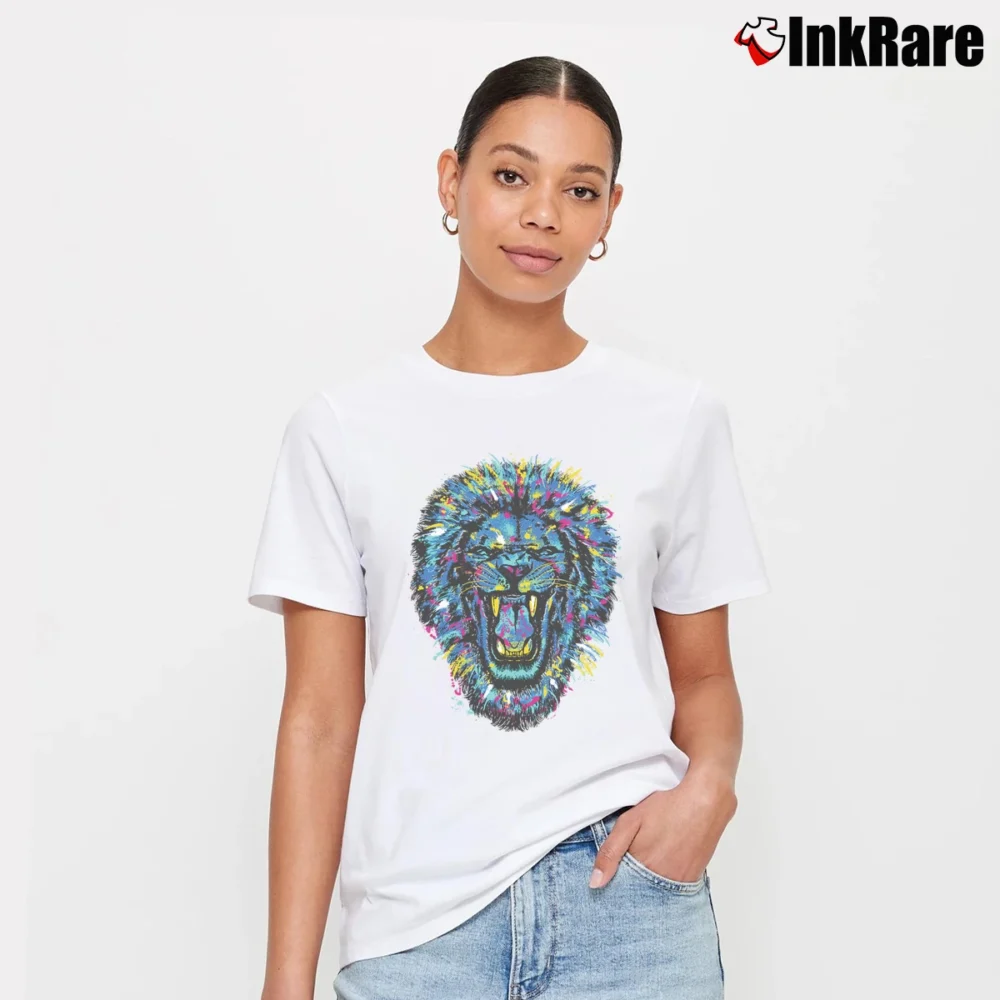 Women’s Roaring Lion Big Cat Wildlife Paint Splatter Signature T-Shirt in white | Soft, Flattering Fit