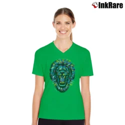 Women’s Roaring Lion Big Cat Wildlife Paint Splatter V-Neck Tee in irish green | Chic Neckline, Soft Texture