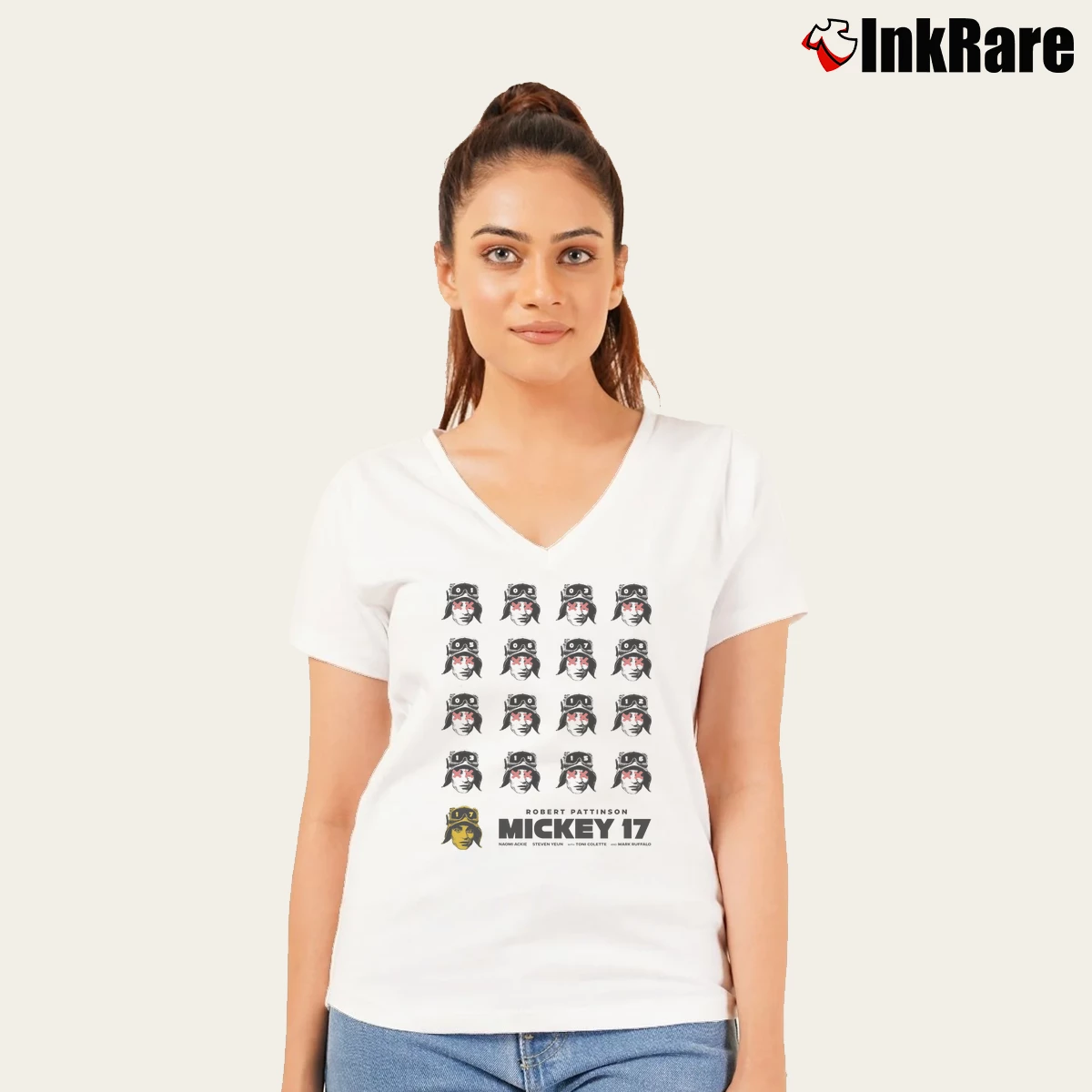 Women’s Robert Pattinson Mickey 17 V-Neck Tee in white | Chic Neckline, Soft Texture