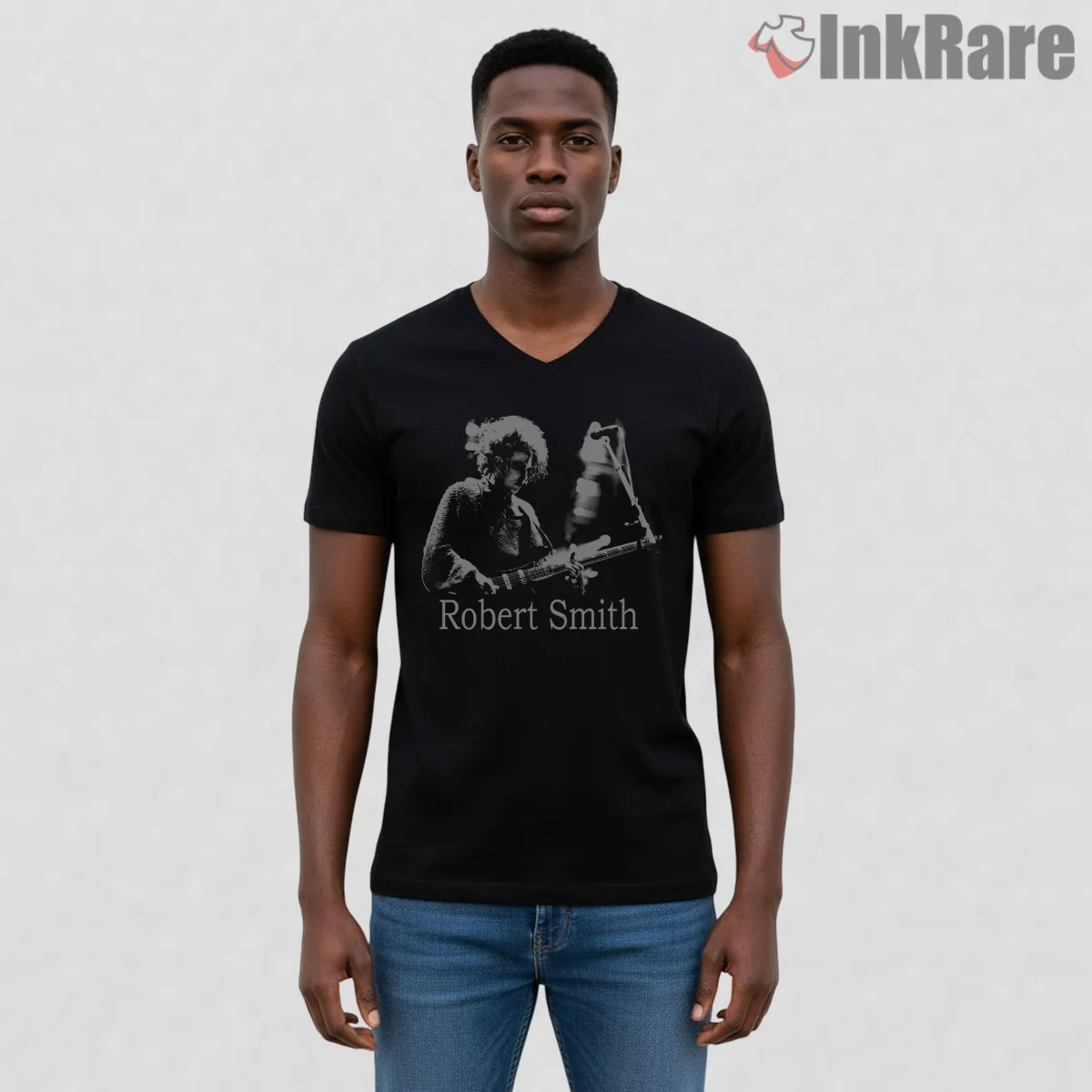 Robert Smith The Cure Dark Stage V Neck Black Robert Smith The Cure Dark Stage Shirt on black v-neck shirt for men graphic tee
