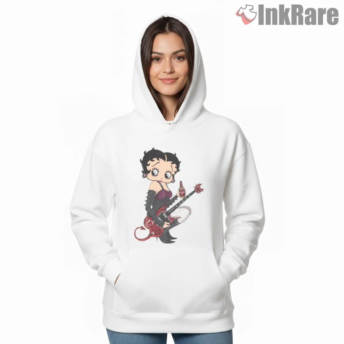 Rock Devil Betty Boop Gothic Guitarist Hoodie White Rock Devil Betty Boop Gothic Guitarist Shirt on white hoodie for women graphic tee