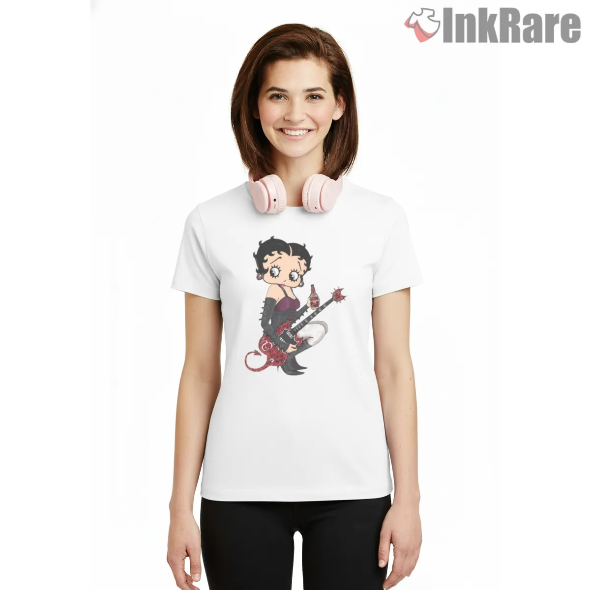 Rock Devil Betty Boop Gothic Guitarist Shirt on white short sleeve shirt for women graphic tee