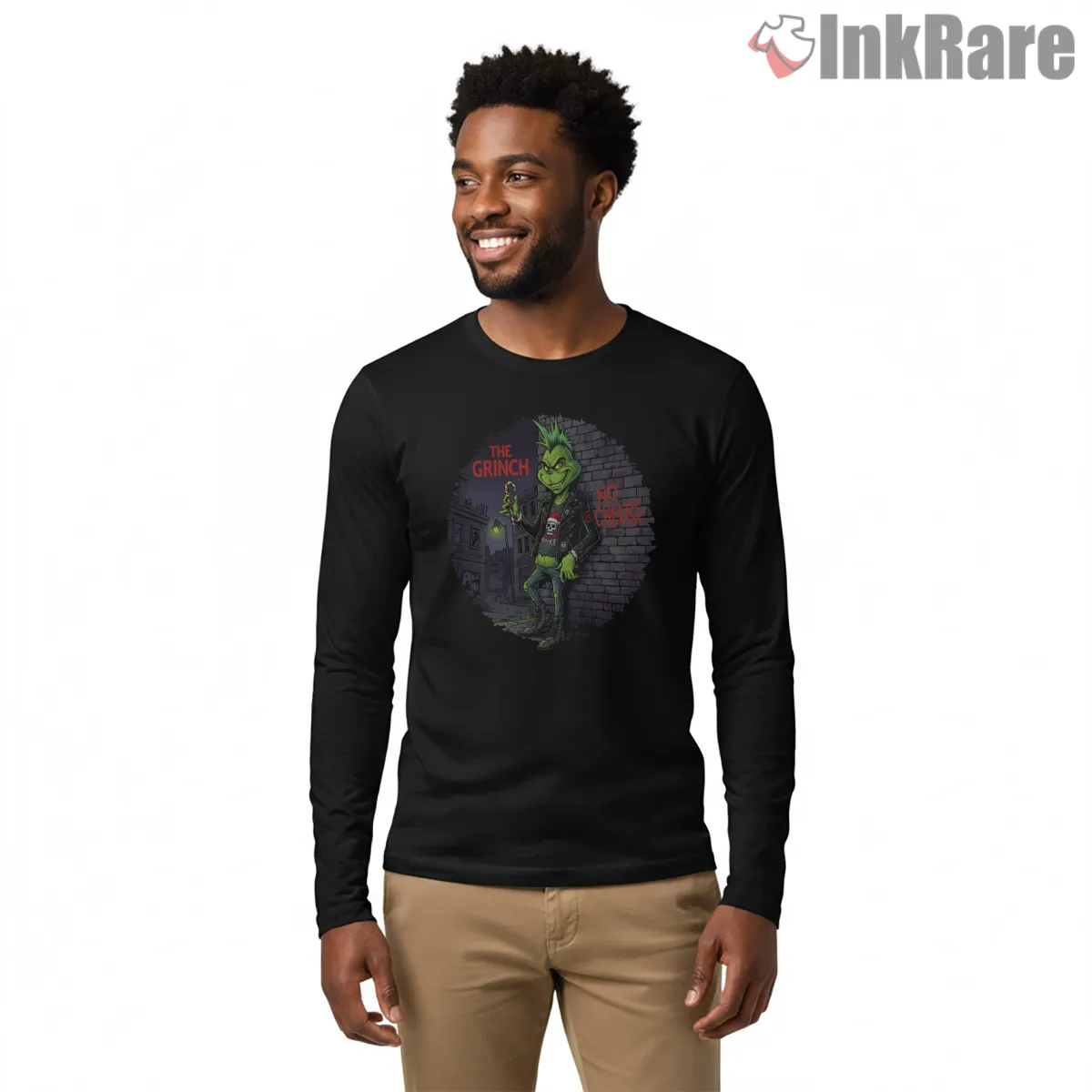Rock Metal Alley Grinch Gothic Christmas Shirt on black long sleeve shirt for men graphic tee