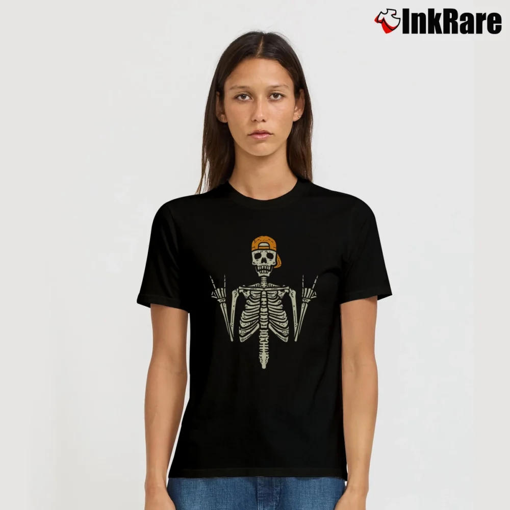 Women’s Rocker Skeleton Skater Cool Halloween Punk Rock T-Shirt in black | Soft, Flattering Fit