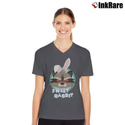 Women’s Rocket Raccoon Easter Bunny Sweet Rabbit Marvel V-Neck Tee in charcoal | Chic Neckline, Soft Texture