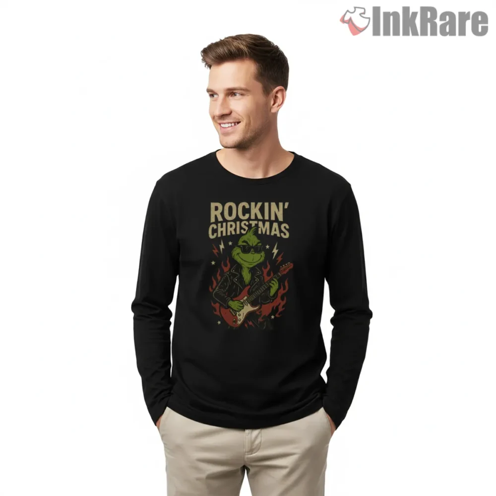 Rockin Christmas Grinch Electric Guitar Shirt on black long sleeve shirt for men graphic tee