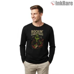Rockin Christmas Grinch Electric Guitar Shirt on black long sleeve shirt for men graphic tee