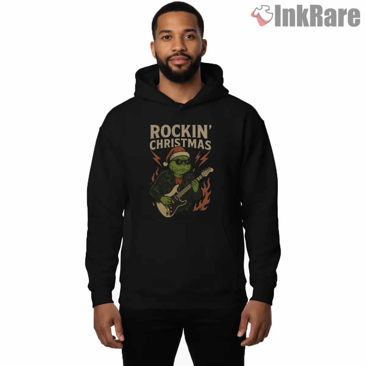 Rockin Christmas Guitar Grinch Vintage Nineties Shirt on black hoodie for men graphic tee