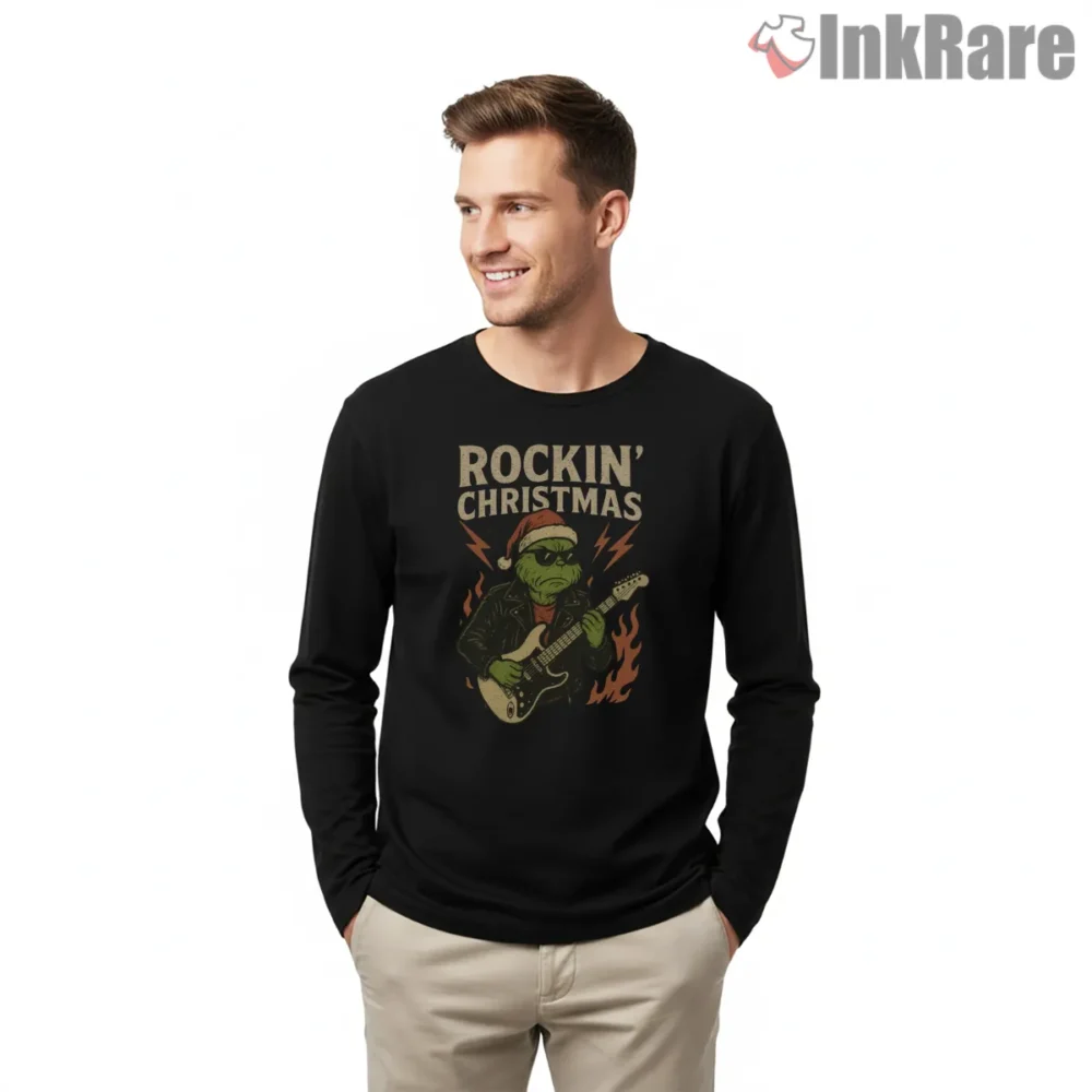 Rockin Christmas Guitar Grinch Vintage Nineties Shirt on black long sleeve shirt for men graphic tee