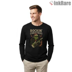 Rockin Christmas Guitar Grinch Vintage Nineties Shirt on black long sleeve shirt for men graphic tee