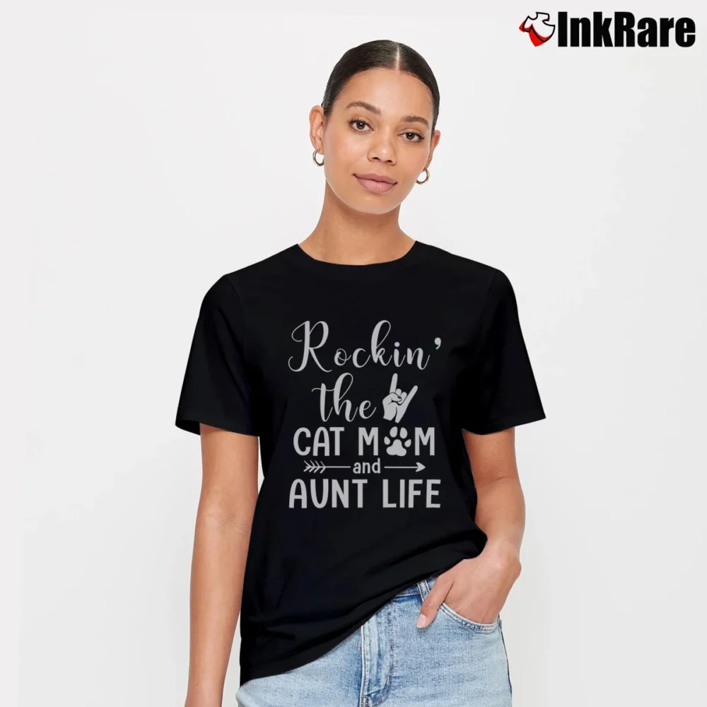 Women’s Rockin The Cat Mom And Aunt Life Signature T-Shirt in black | Soft, Flattering Fit