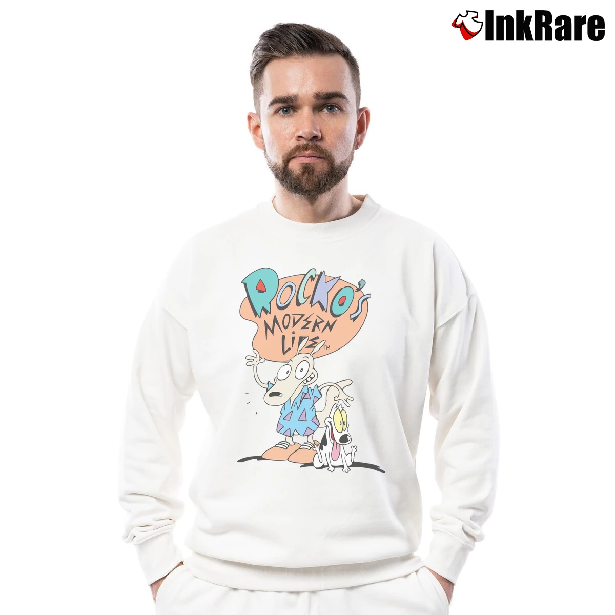 Men’s Rocko's Modern Life Retro Cartoon Crewneck Sweatshirt in white | Cozy Fabric, Clean Style
