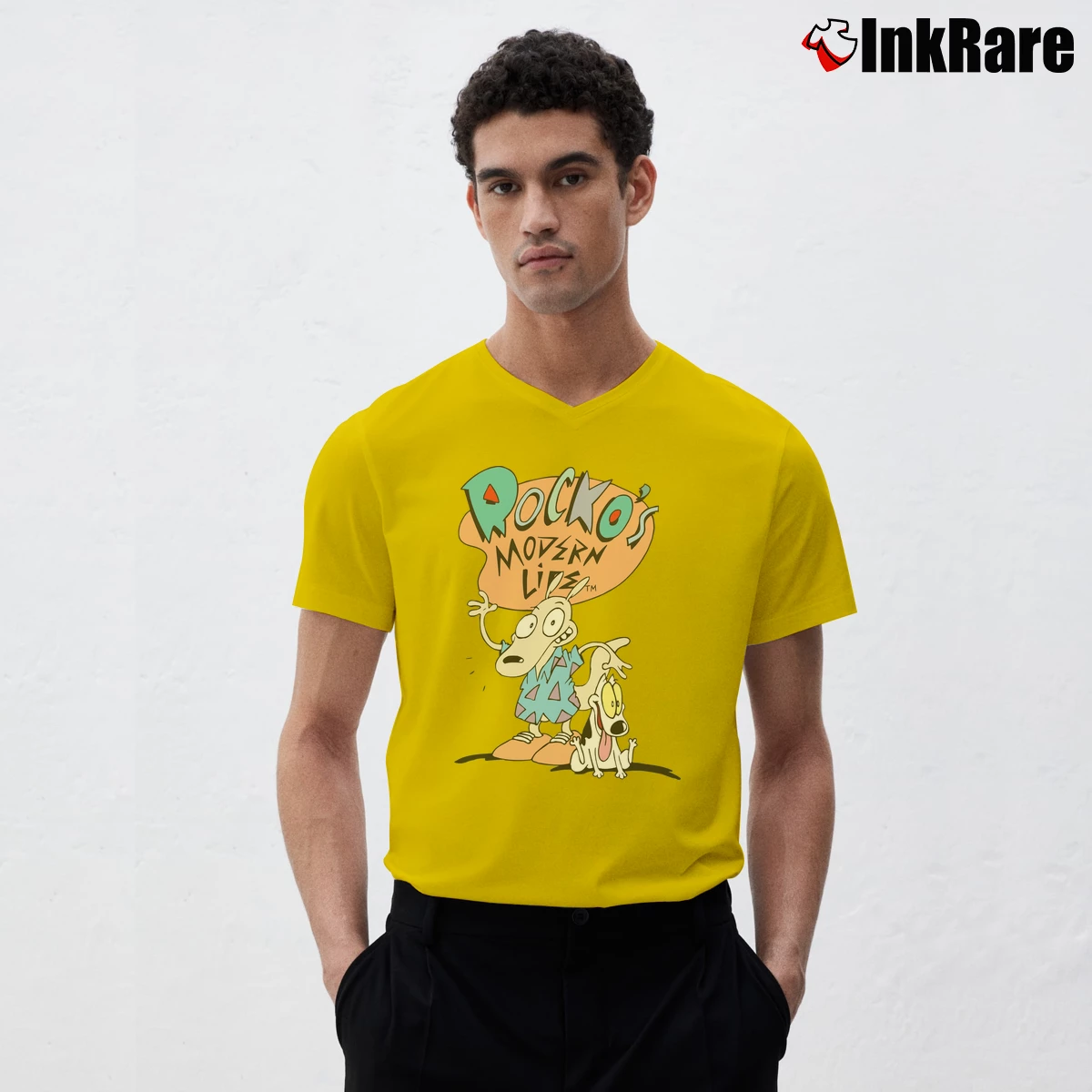 Men’s Rocko's Modern Life Retro Cartoon V-Neck Tee in yellow | Sharp, Breathable, Everyday Staple