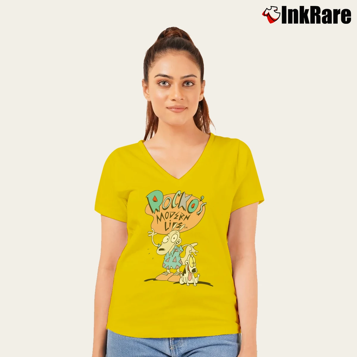 Women’s Rocko's Modern Life Retro Cartoon V-Neck Tee in yellow | Chic Neckline, Soft Texture
