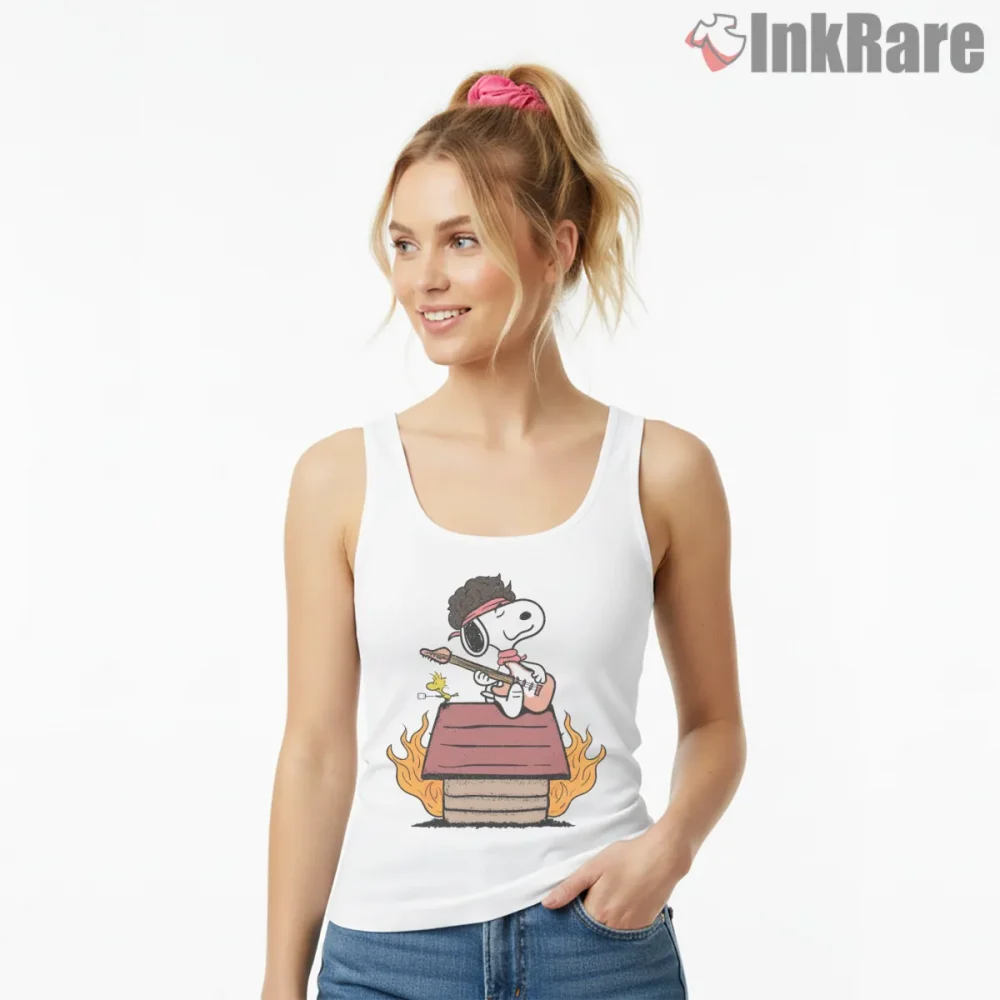 Rockstar Snoopy Fire Solo Roof Shirt on white tank top for women graphic tee