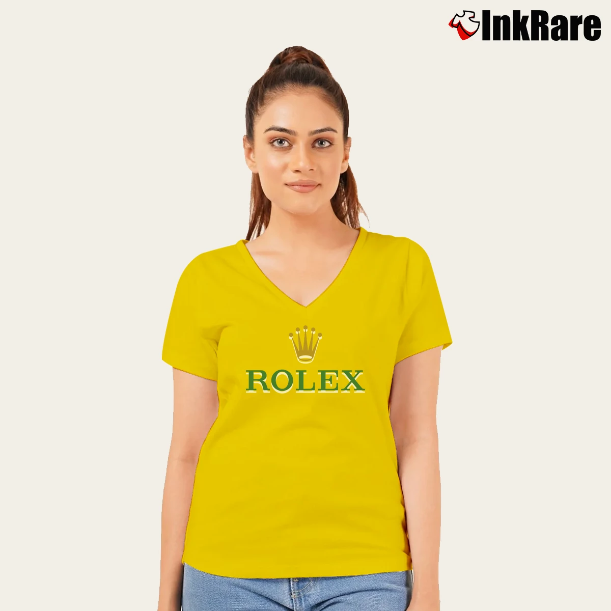 Women’s Rolex Sa Logo V-Neck Tee in yellow | Chic Neckline, Soft Texture