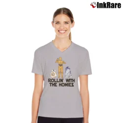 Women’s Rollin With The Homies Droid Star Wars R2D2 BB8 V-Neck Tee in sport grey | Chic Neckline, Soft Texture