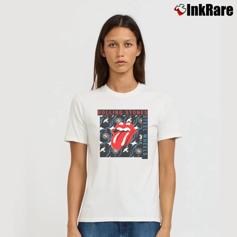 Women’s Rolling Stones 1989 Steel Wheels Tour 80s Rock Roll Band Promo Graphic Signature T-Shirt in white | Soft, Flattering Fit