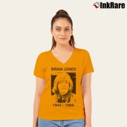 Women’s Rolling Stones Brian Jones 1942 1969 for Rock Fans V-Neck Tee in orange | Chic Neckline, Soft Texture