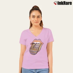 Women’s Rolling Stones Bridges To Babylon World Tour Tongue V-Neck Tee in light pink | Chic Neckline, Soft Texture