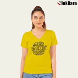 Women’s Rolling Stones Distressed Vintage Rock Band V-Neck Tee in yellow | Chic Neckline, Soft Texture