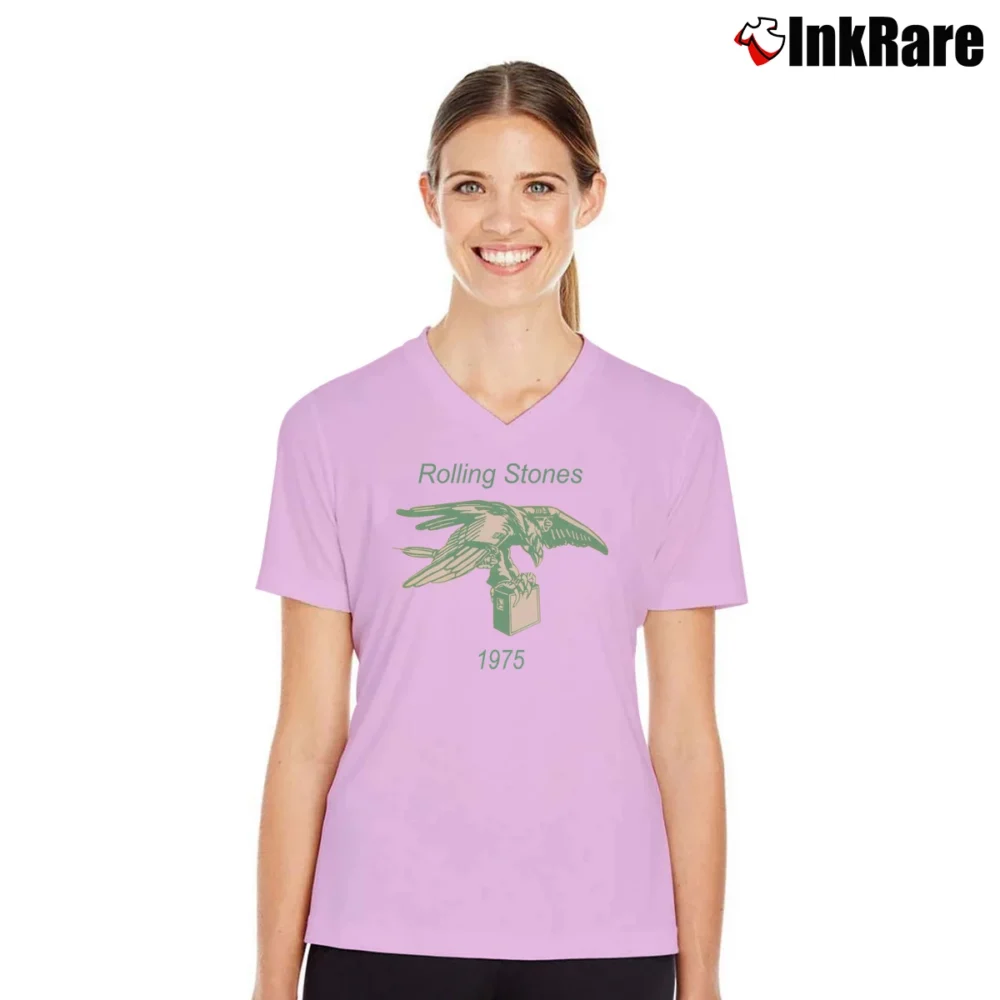 Women’s Rolling Stones Eagle With Amp 1975 for Classic Rock Fans V-Neck Tee in light pink | Chic Neckline, Soft Texture