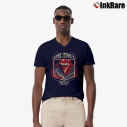 Men’s Rolling Stones Grey Distressed Forty 40 Licks V-Neck Tee in navy | Sharp, Breathable, Everyday Staple
