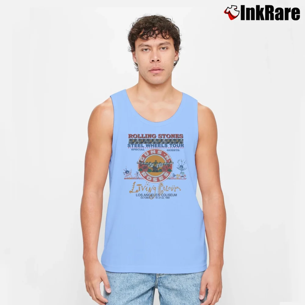 Men’s Rolling Stones Guns N Roses Steel Wheels Living Colour Tour Tank Top in light blue | Breathable, Active-Friendly Design