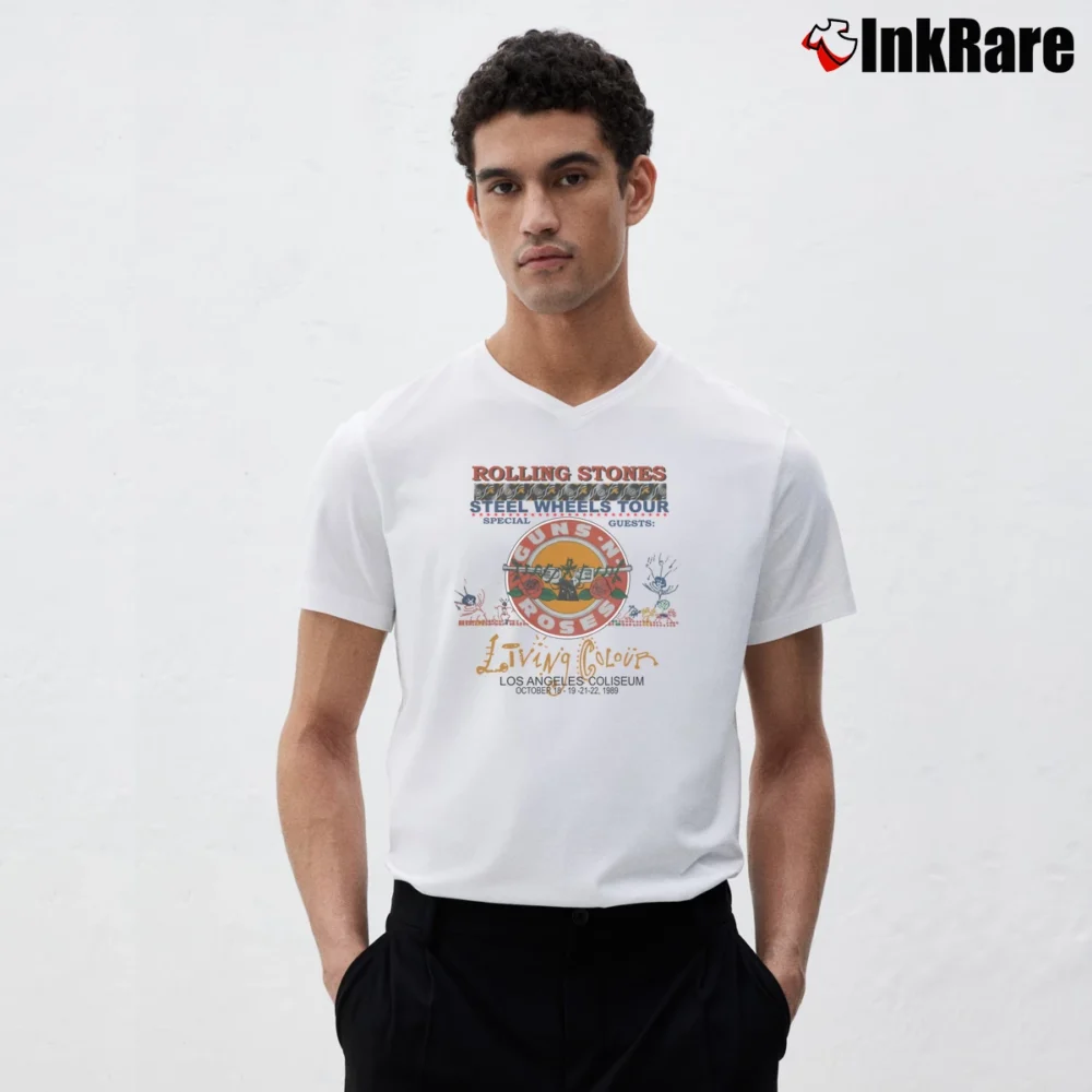 Men’s Rolling Stones Guns N Roses Steel Wheels Living Colour Tour V-Neck Tee in white | Sharp, Breathable, Everyday Staple
