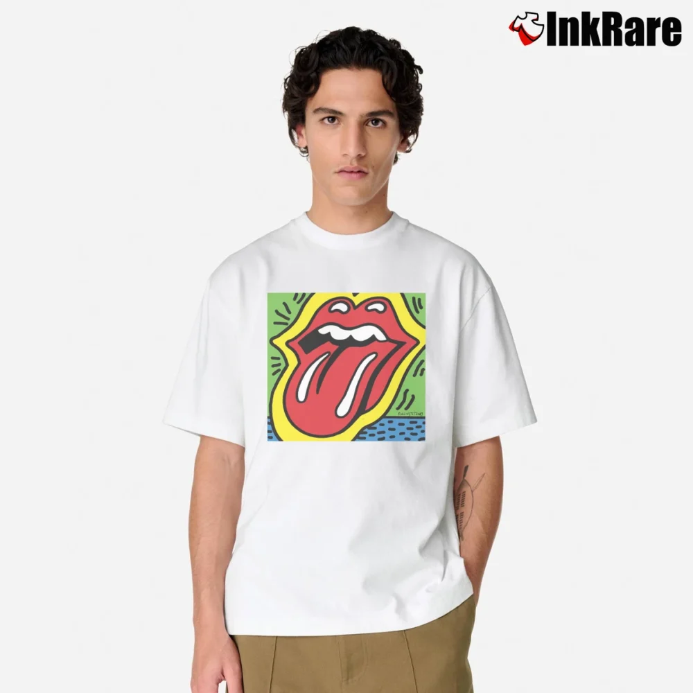 Men’s Rolling Stones Iconic Logo Tongue And Lip Pop Art Style Keith Haring Style Classic T-Shirt in white | Soft, Breathable Everyday Wear