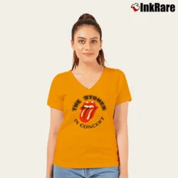 Women’s Rolling Stones In Concert Juniors for Young Rock Fans V-Neck Tee in orange | Chic Neckline, Soft Texture